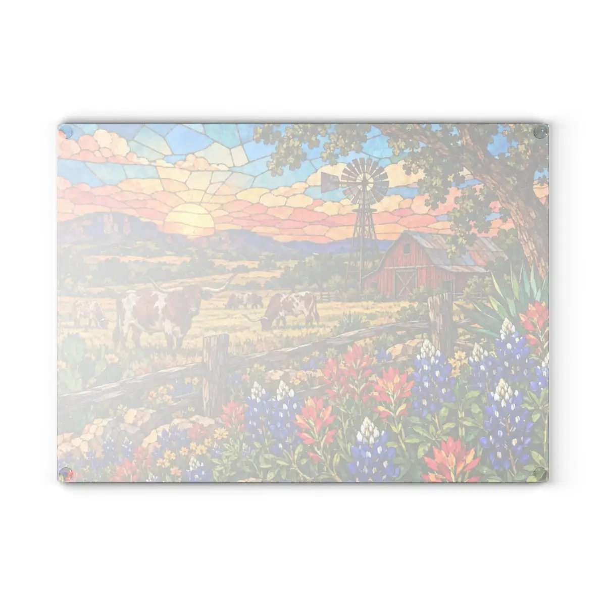 Texas Longhorn Glass Cutting Board, Bluebonnet Ranch Kitchen Decor, Western Farmhouse Gift, Texas Country Decor, Longhorn Cattle Art