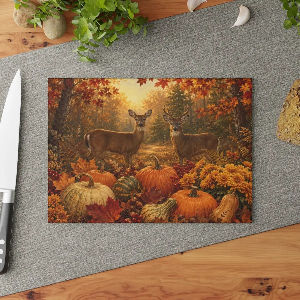 Deer Fall Glass Cutting Board, Rustic Woodland Kitchen Decor, Autumn Pumpkin Cutting Board, Hunter Cabin Gift
