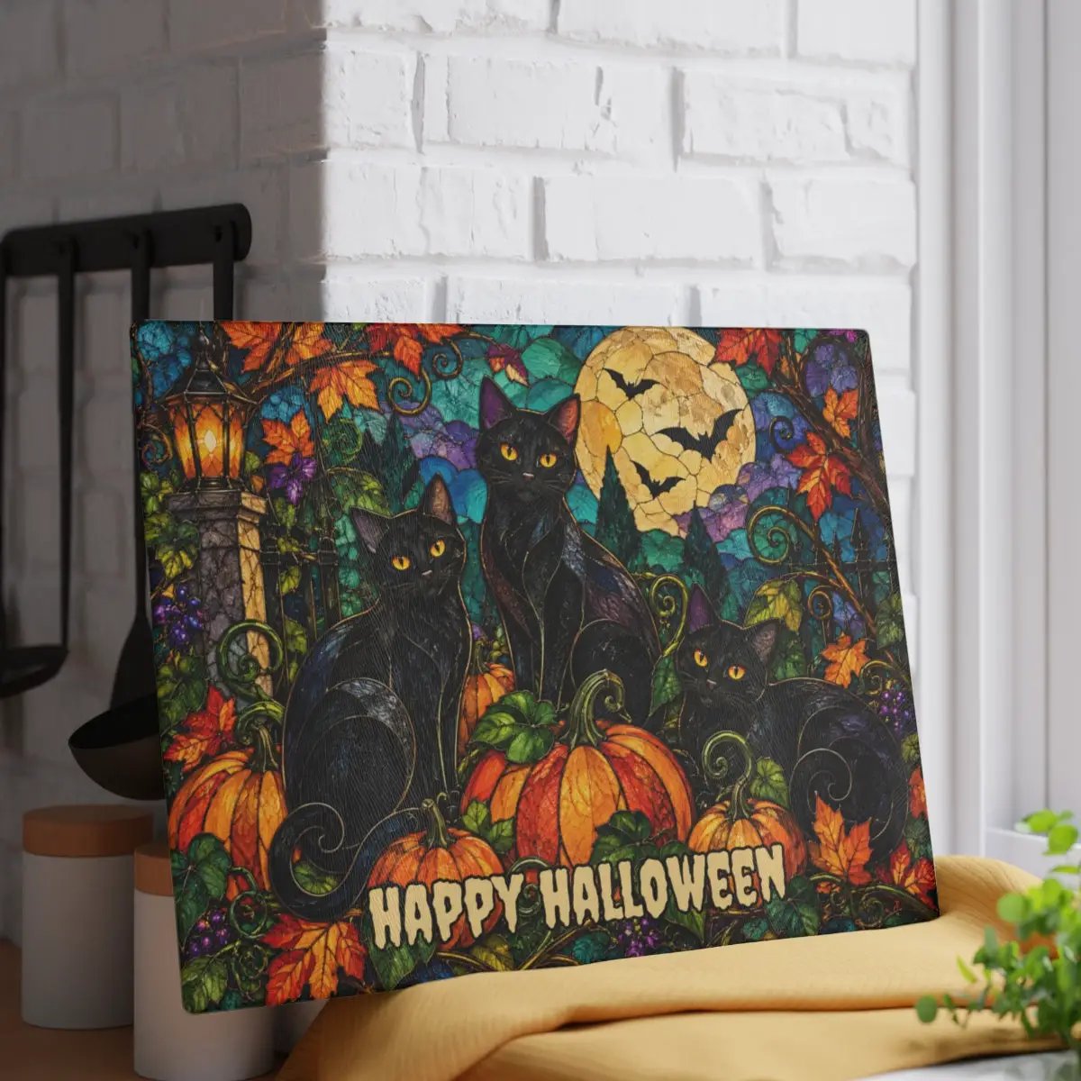 Halloween Black Cats Personalized Glass Cutting Board, Spooky Pumpkin Kitchen Decor