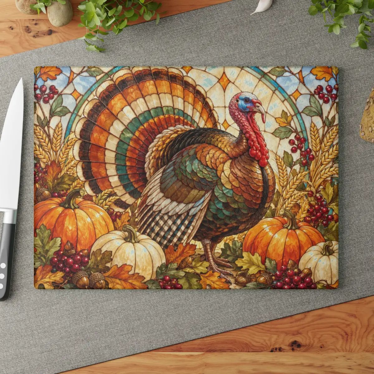 Thanksgiving Turkey Glass Cutting Board, Fall Harvest Kitchen Decor, Pumpkin Turkey Chopping Board, Thanksgiving Hostess Gift