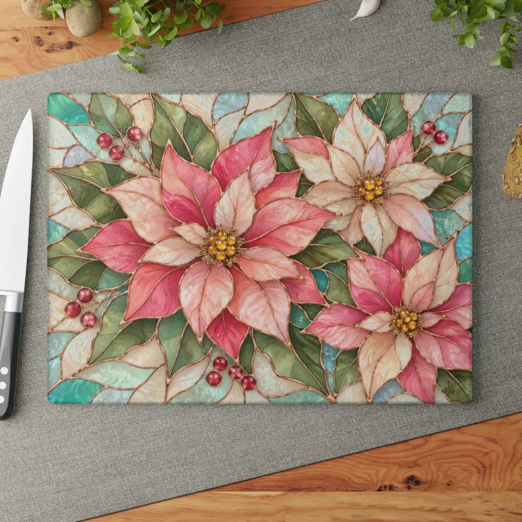 Pink Poinsettia Glass Cutting Board, Christmas Floral Kitchen Decor, Tempered Chopping Board, Holiday Hostess Gift, Serving Board for Home