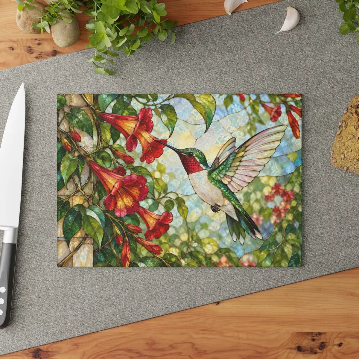 Hummingbird Cutting Board, Stained Glass Hummingbird Decor, Trumpet Vine Kitchen Decor, Bird Lover Gift, Garden Lover Gift