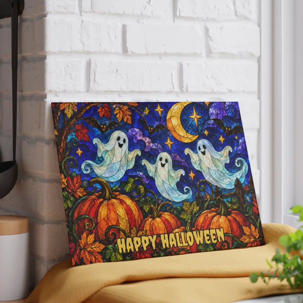 Halloween Ghosts Personalized Glass Cutting Board, Spooky Pumpkin Kitchen Decor