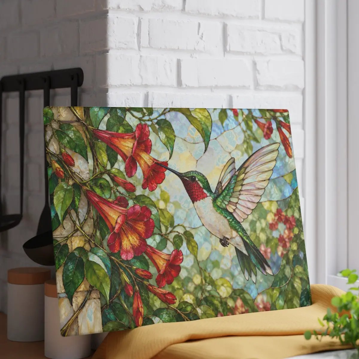 Hummingbird Cutting Board, Stained Glass Hummingbird Decor, Trumpet Vine Kitchen Decor, Bird Lover Gift, Garden Lover Gift