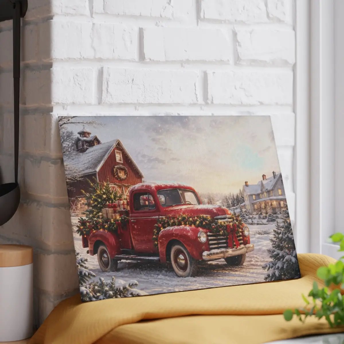 Christmas Glass Cutting Board, Red Vintage Truck Christmas Decor, Snowy Farmhouse Kitchen Decor, Rustic Holiday Gift