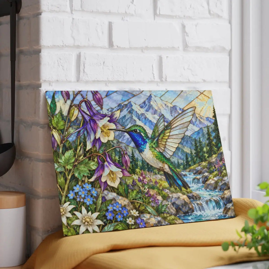 Hummingbird Glass Cutting Board, Stained Glass Mountain Art, Columbine Flower Kitchen Decor, Bird Lover Gift, Alpine Nature Cutting Board