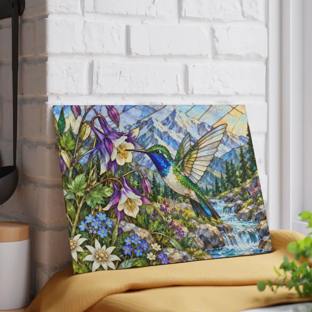 Hummingbird Glass Cutting Board, Stained Glass Mountain Art, Columbine Flower Kitchen Decor, Bird Lover Gift, Alpine Nature Cutting Board