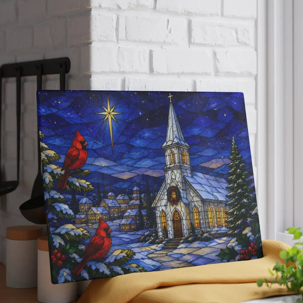 Christmas Church Glass Cutting Board, Cardinal Stained Glass Decor, Christian Christmas Kitchen Gift, Religious Holiday Decor