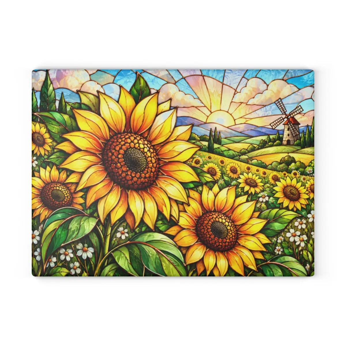 Sunflower Glass Cutting Board, Windmill Kitchen Decor, Sunflower Meadow Cutting Board, Country Floral Gift, Stained Glass Kitchen Art