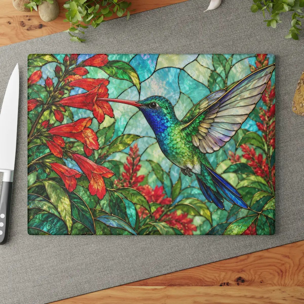 Hummingbird Cutting Board, Stained Glass Hummingbird Decor, Red Flower Kitchen Decor, Bird Lover Gift, Nature Inspired Gift
