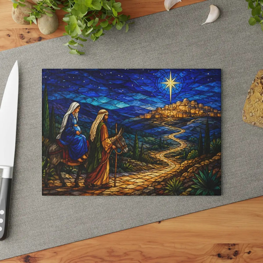 Road to Bethlehem Glass Cutting Board, Christian Christmas Gift, Mary and Joseph Nativity Decor, Religious Christmas Kitchen Decor