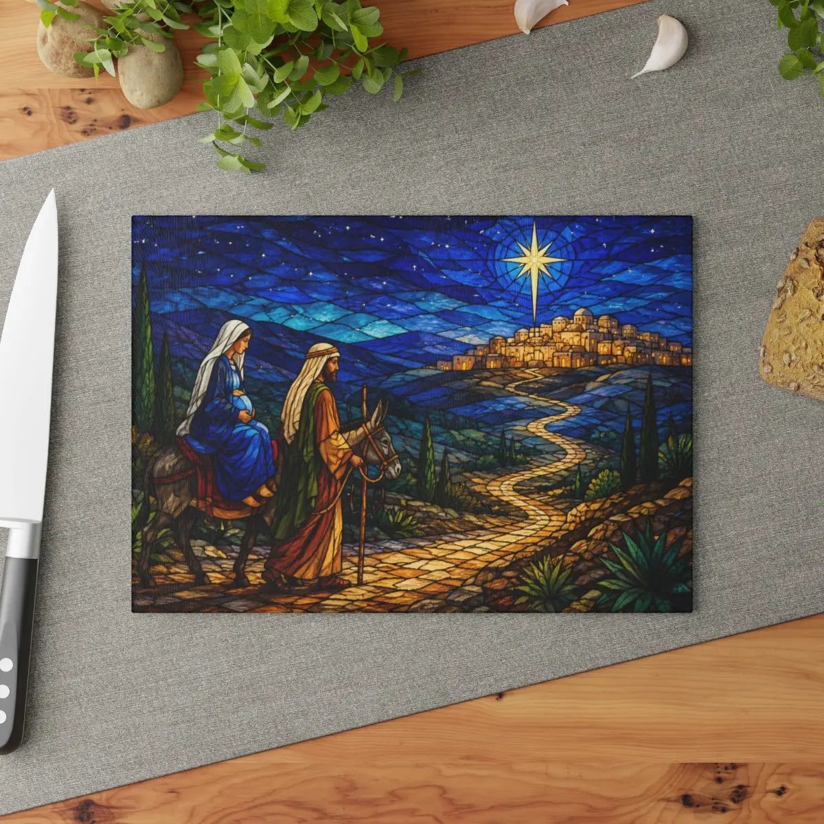 Road to Bethlehem Glass Cutting Board, Christian Christmas Gift, Mary and Joseph Nativity Decor, Religious Christmas Kitchen Decor