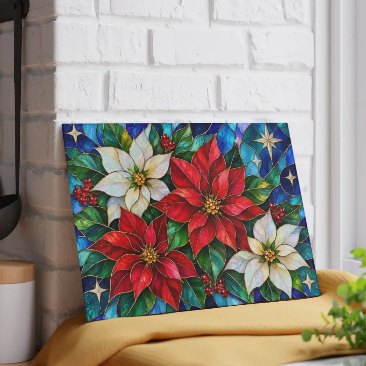 Christmas Poinsettia Glass Cutting Board, Stained Glass Floral Kitchen Decor, Holiday Serving Board, Festive Christmas Kitchen Gift