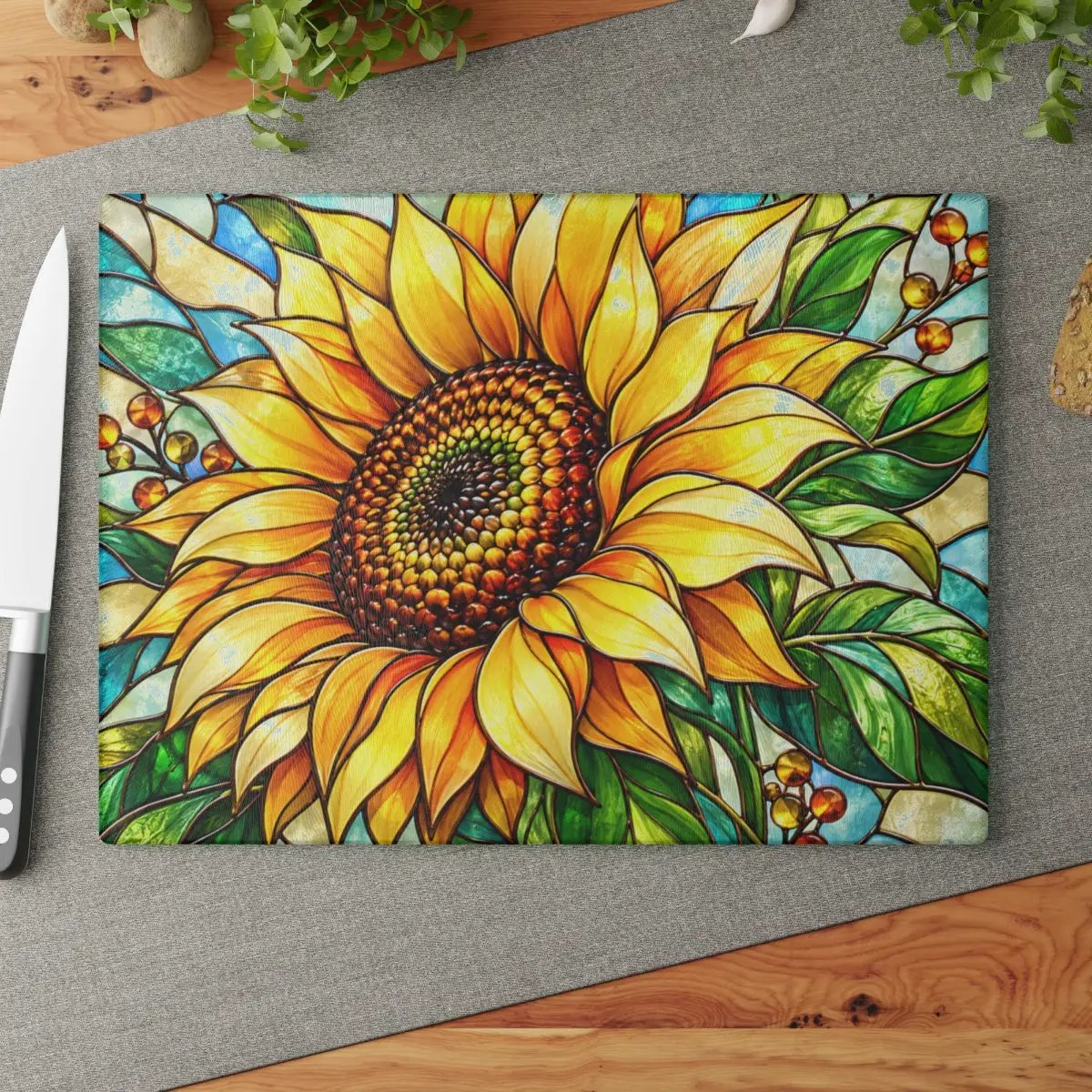 Sunflower Glass Cutting Board, Stained Glass Floral Kitchen Decor, Yellow Flower Chopping Board, Gift for Mom, Housewarming Gift