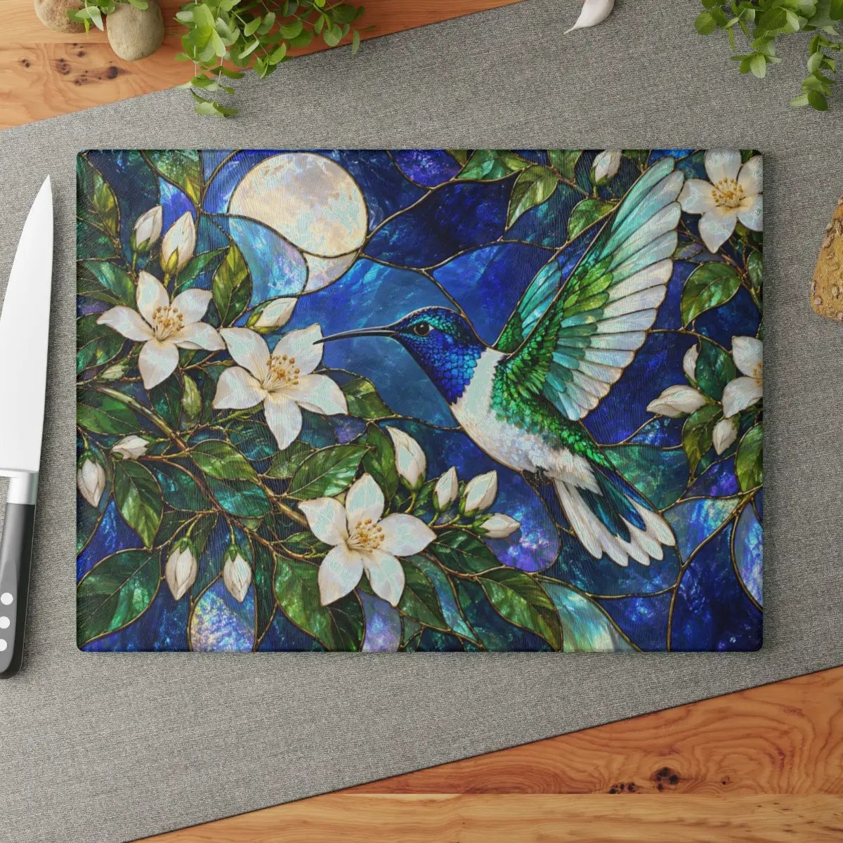 Hummingbird Cutting Board, Stained Glass Bird Decor, Moonlit Jasmine Floral Kitchen Decor, Hummingbird Gift, Nature Lover Gift