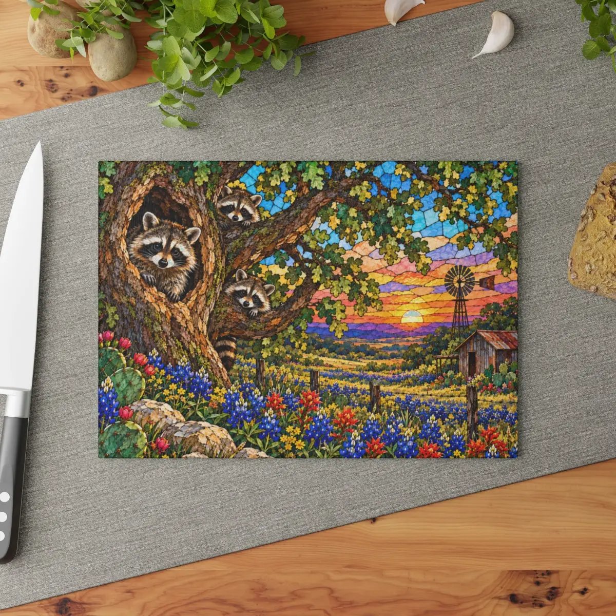 Raccoon Family Glass Cutting Board, Raccoon Lover Gift, Texas Bluebonnet Kitchen Decor, Country Wildlife Cutting Board, Rustic Farmhouse Gift