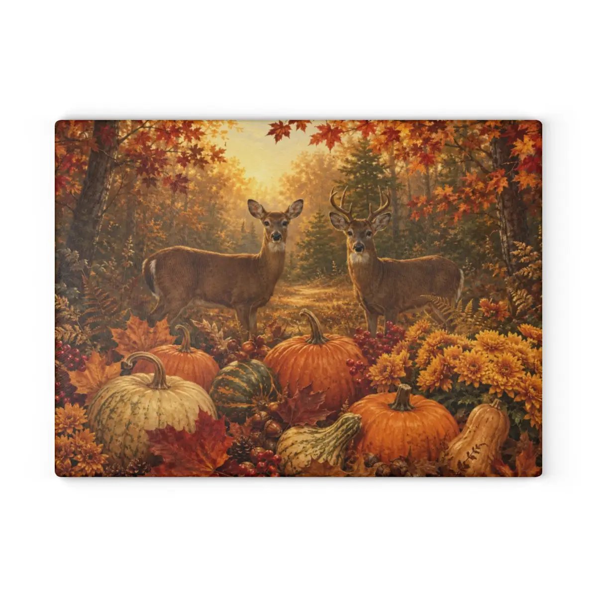 Deer Fall Glass Cutting Board, Rustic Woodland Kitchen Decor, Autumn Pumpkin Cutting Board, Hunter Cabin Gift