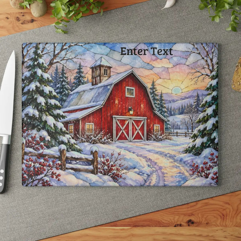 Winter Country Barn Glass Cutting Board, Red Barn Farmhouse Kitchen Decor, Snowy Rustic Country Christmas Gift