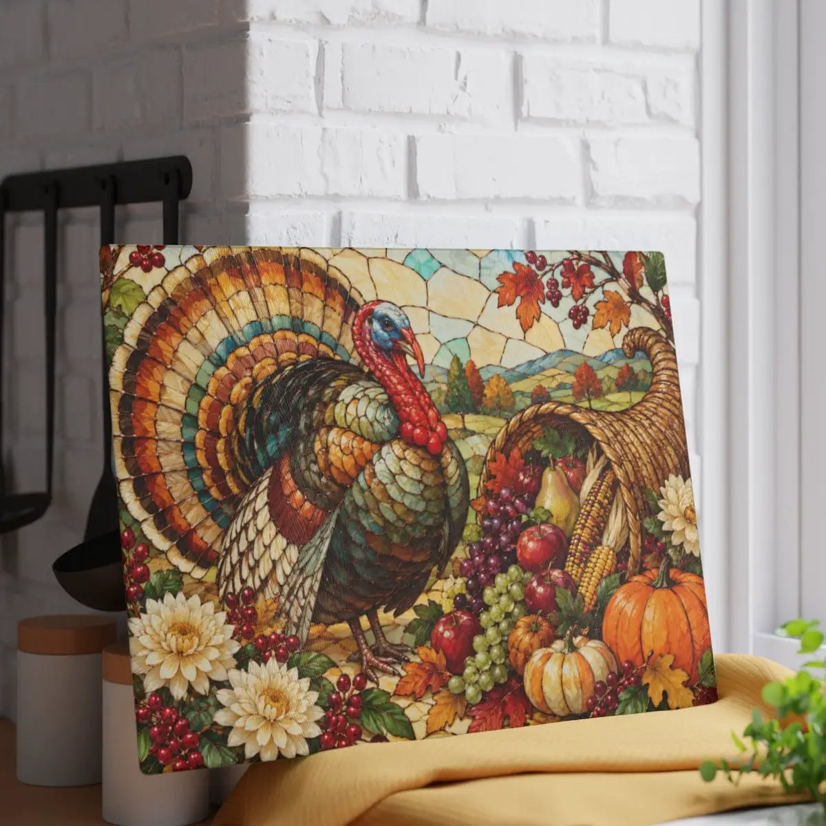 Thanksgiving Turkey Glass Cutting Board, Stained Glass Harvest Kitchen Decor, Fall Turkey Chopping Board, Country Thanksgiving Gift