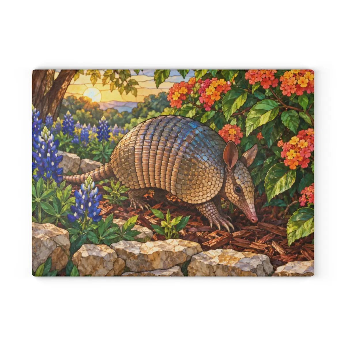Armadillo Glass Cutting Board, Texas Kitchen Decor, Bluebonnet Armadillo Gift, Stained Glass Style Wildlife Art, Texas Housewarming Gift