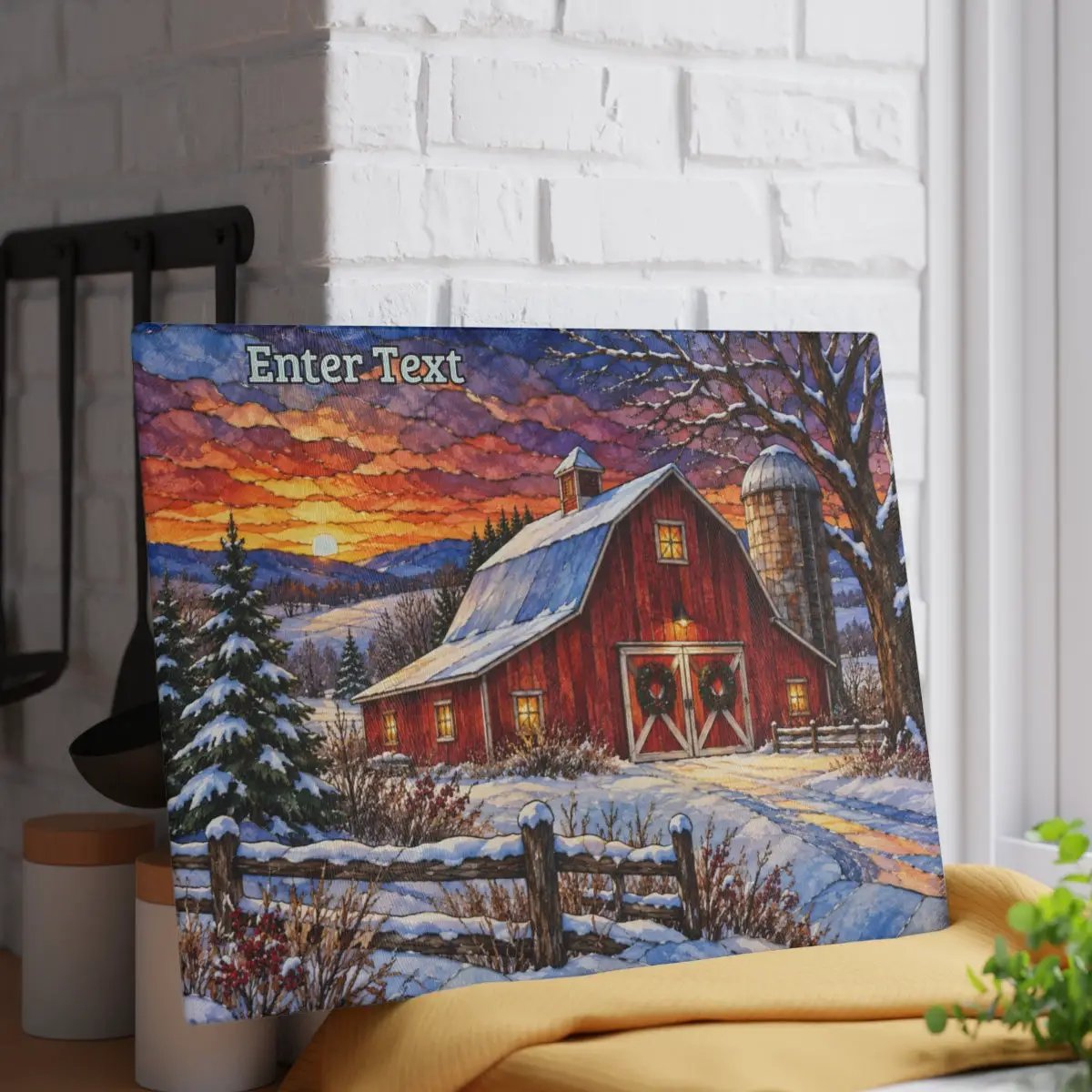 Winter Red Barn Glass Cutting Board, Country Christmas Kitchen Decor, Farmhouse Cutting Board, Rustic Winter Barn Gift