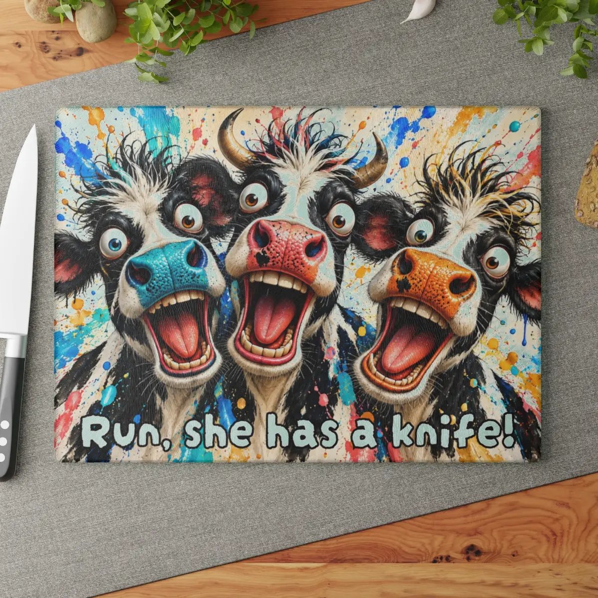 Funny Screaming Cow Glass Cutting Board, Colorful Cow Kitchen Decor, Cow Lover Gift, Funny Farmhouse Gift