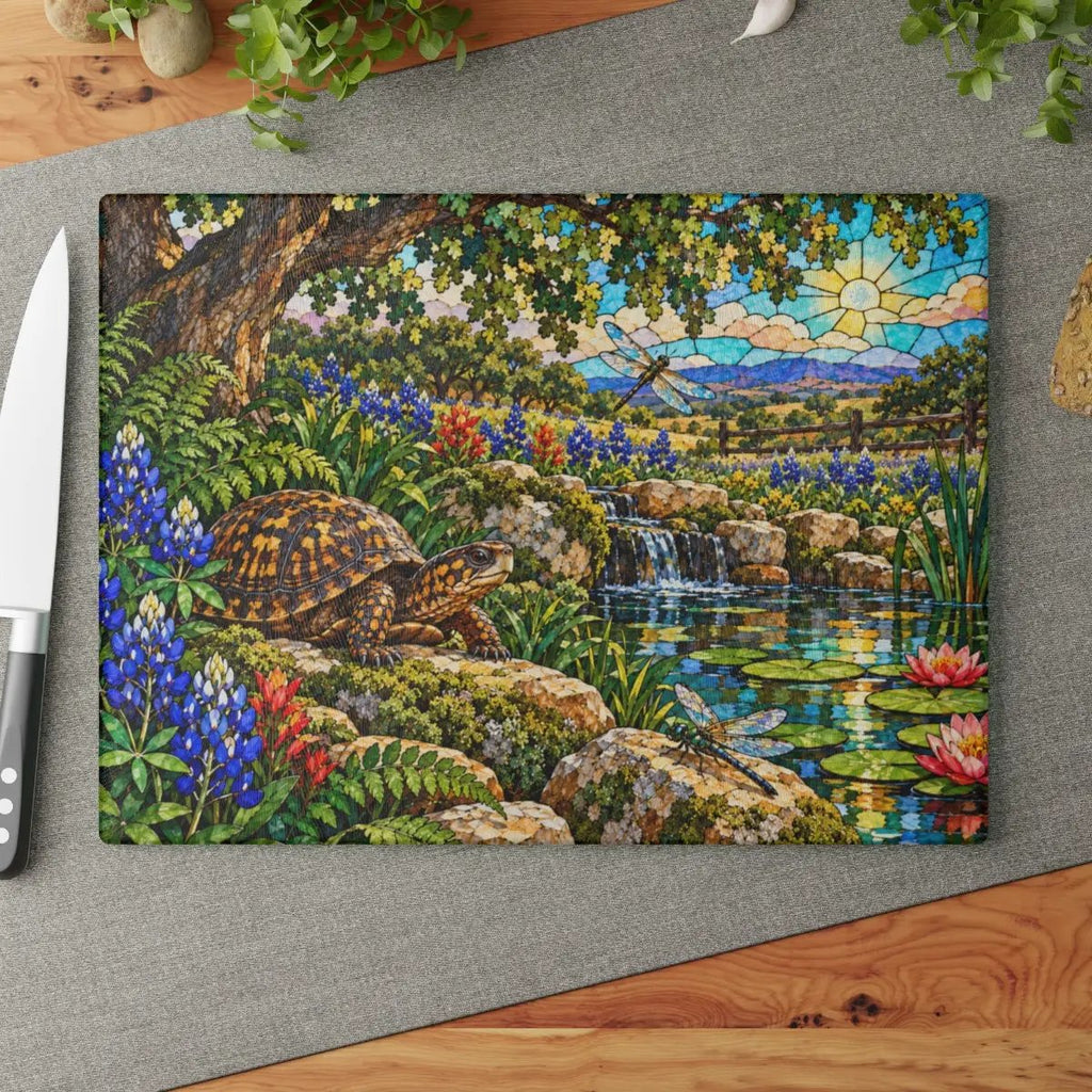 Box Turtle Glass Cutting Board, Texas Bluebonnet Kitchen Decor, Turtle and Dragonfly Gift, Wildlife Garden Cutting Board, Nature Decor
