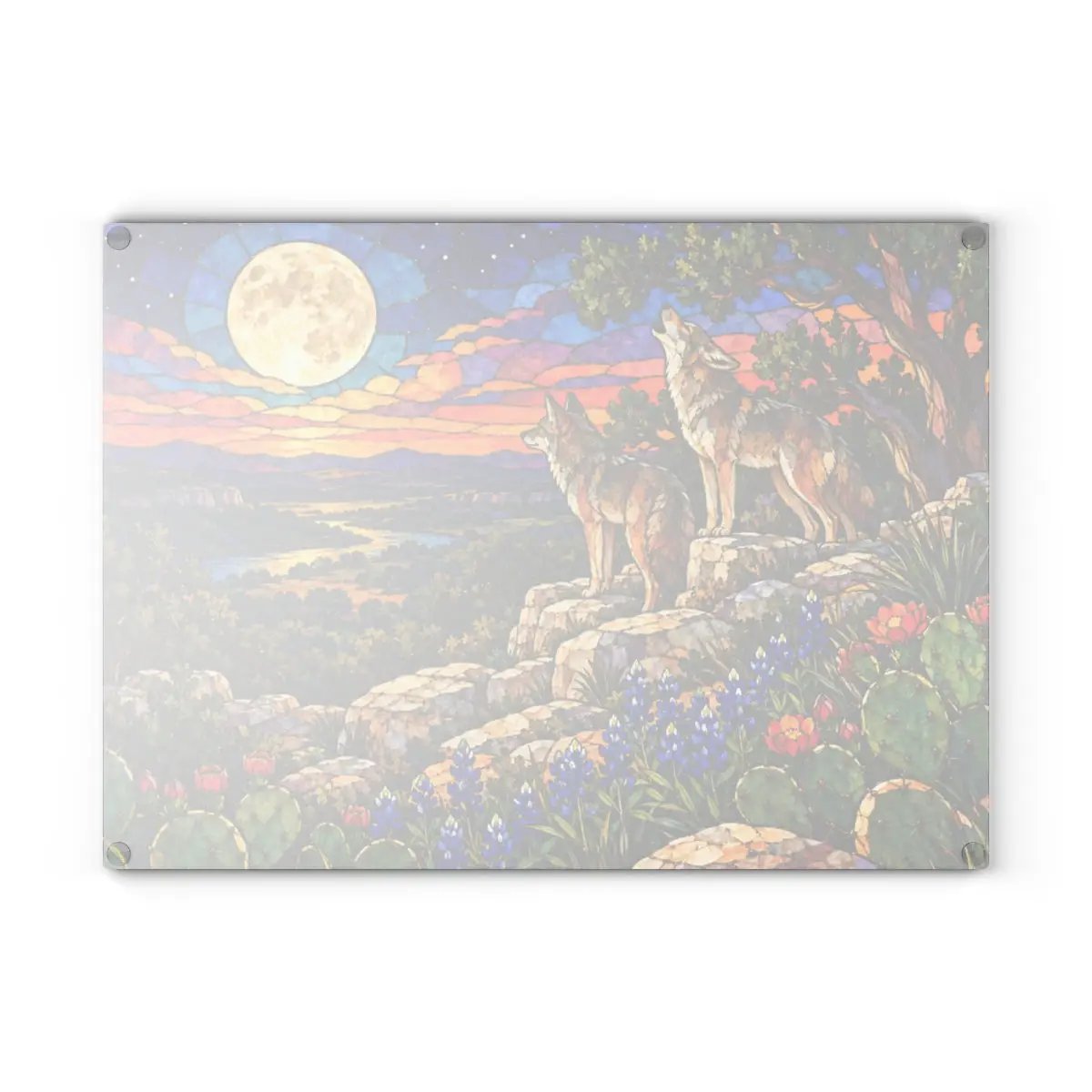Texas Coyote Glass Cutting Board, Call of the Wild Moonlight Decor, Bluebonnet Kitchen Art, Western Wildlife Gift, Texas Kitchen Decor