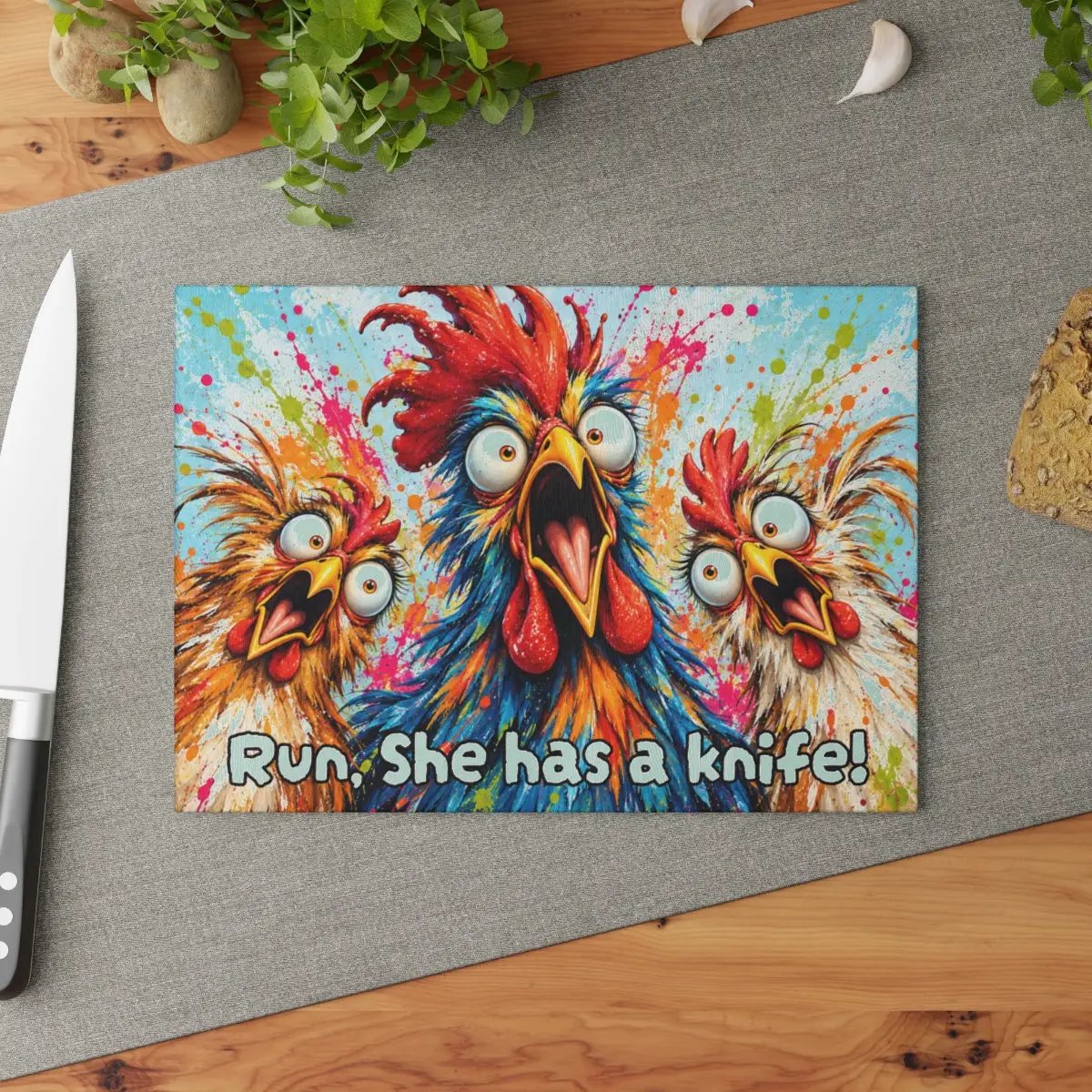 Three Screaming Chickens Cutting Board, Funny Chicken Kitchen Decor, Colorful Chicken Lover Gift, Farmhouse Kitchen Gift