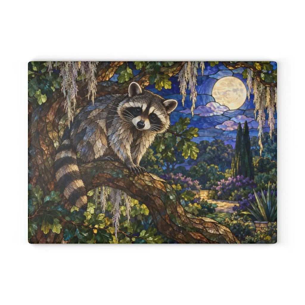 Raccoon Glass Cutting Board, Woodland Kitchen Decor, Moonlit Forest Chopping Board, Wildlife Lover Gift, Rustic Nature Kitchen Accent