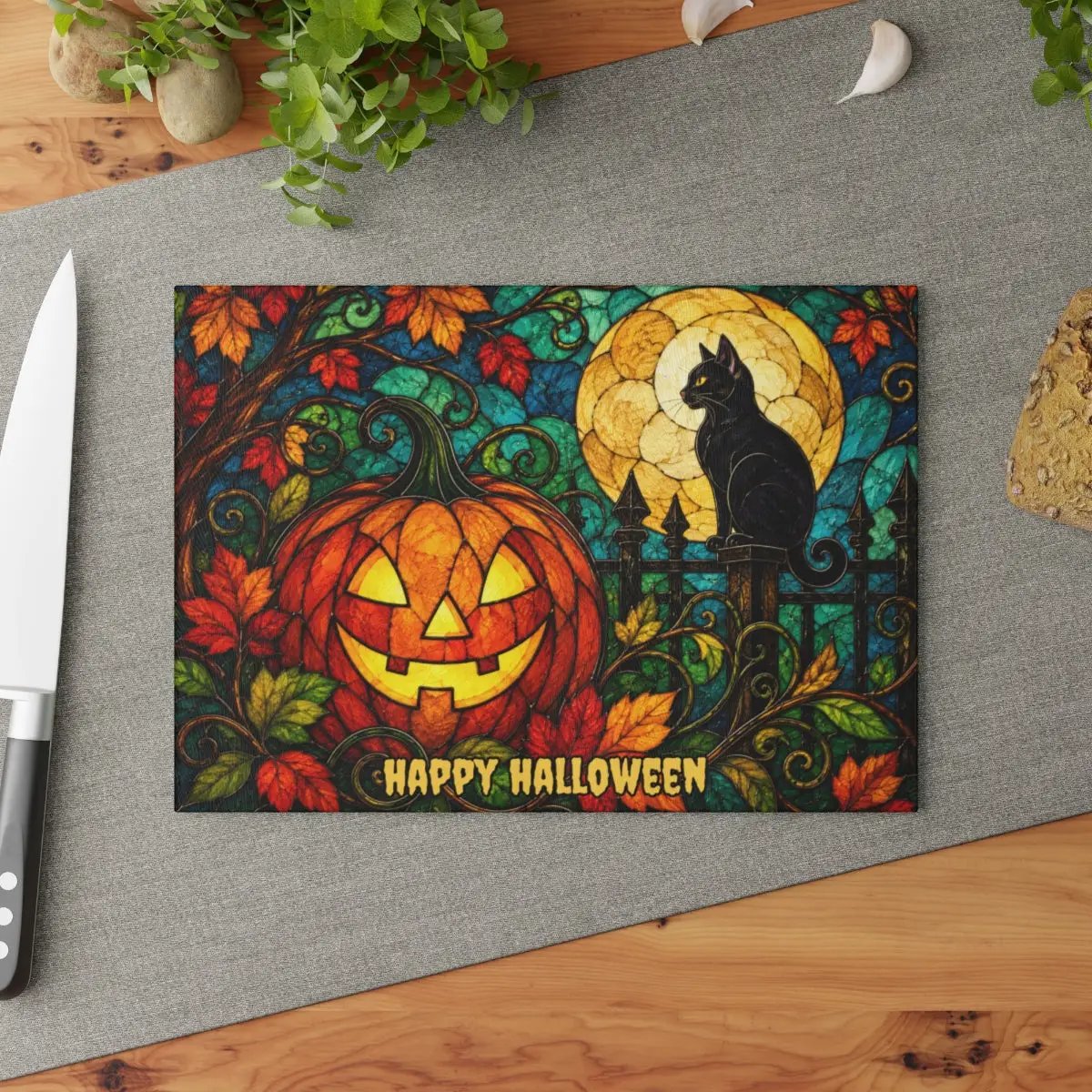 Halloween Black Cat and Jack-O-Lantern Personalized Glass Cutting Board, Spooky Pumpkin Kitchen Decor