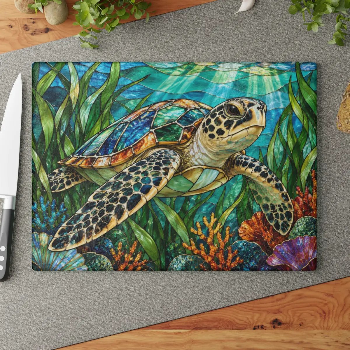 Sea Turtle Glass Cutting Board, Ocean Kitchen Decor, Marine Life Chopping Board, Coastal Cooking Gift, Underwater Turtle Artwork, Coral Reef