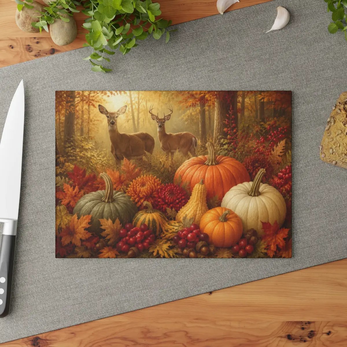 Deer Glass Cutting Board, Woodland Fall Kitchen Decor, Pumpkin Harvest Cutting Board, Rustic Autumn Gift