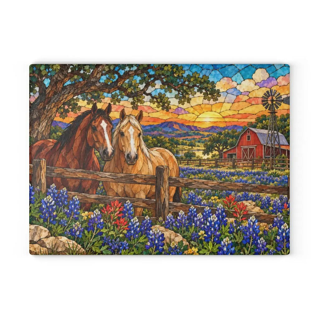 Bluebonnet Ranch Glass Cutting Board, Texas Horse Kitchen Decor, Bluebonnet Gift, Western Ranch Decor, Stained Glass Style Cutting Board