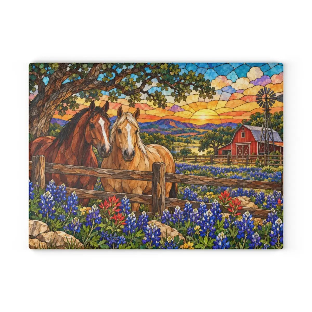 Bluebonnet Ranch Glass Cutting Board, Texas Horse Kitchen Decor, Bluebonnet Gift, Western Ranch Decor, Stained Glass Style Cutting Board