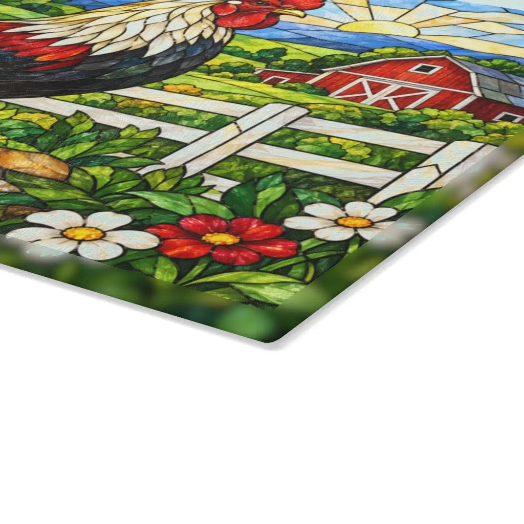 Rooster Glass Cutting Board, Red Barn Farmhouse Kitchen Decor, Country Rooster Art, Stained Glass Farm Decor, Rustic Kitchen Gift