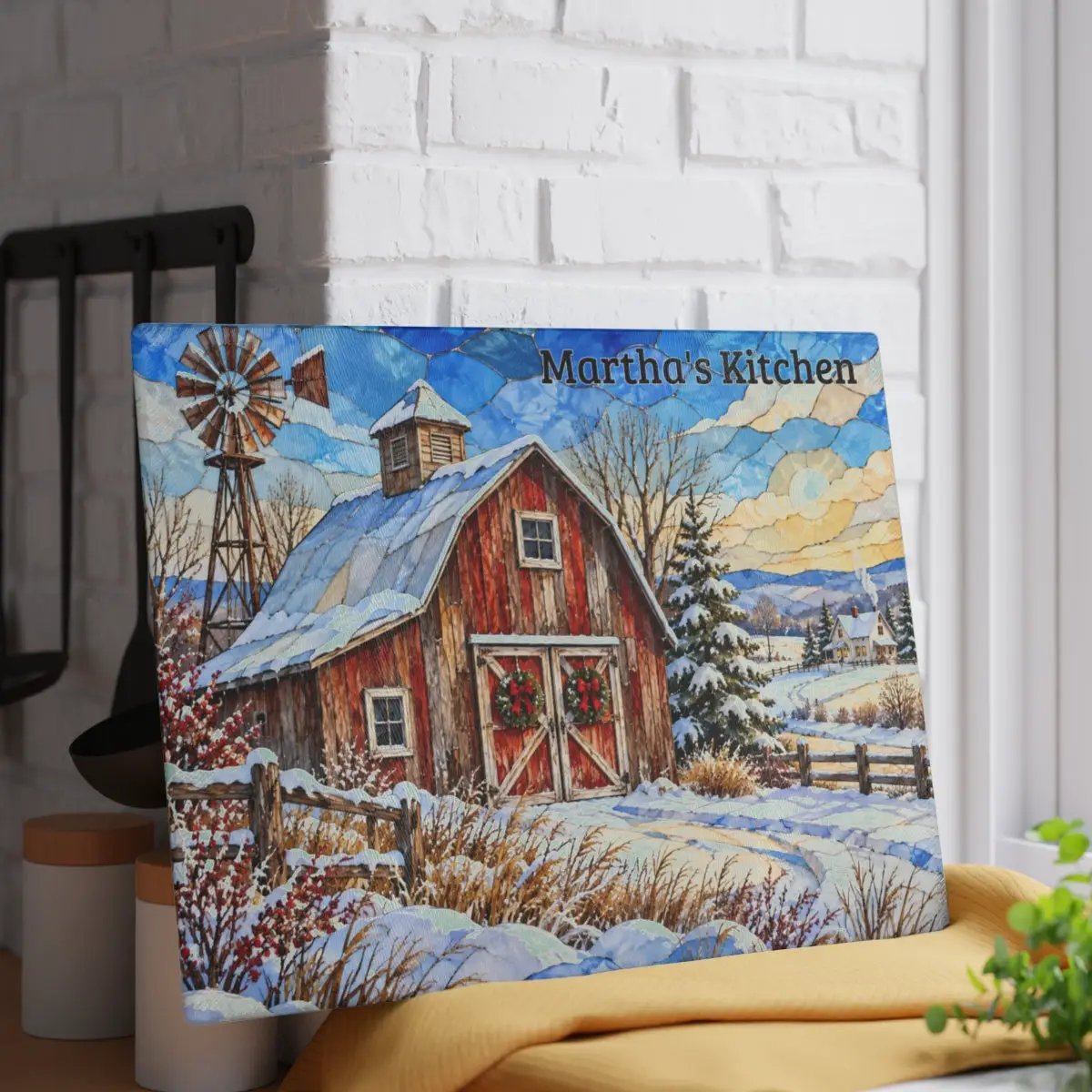 Winter Windmill Farm Glass Cutting Board, Red Barn Country Kitchen Decor, Rustic Farmhouse Christmas Gift