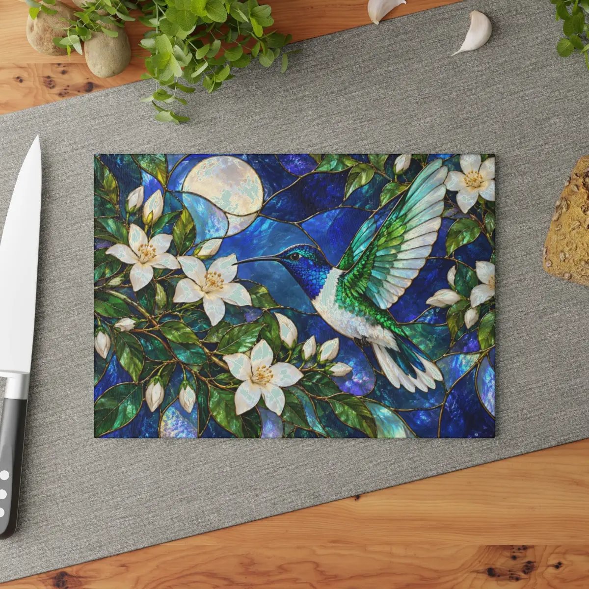 Hummingbird Cutting Board, Stained Glass Bird Decor, Moonlit Jasmine Floral Kitchen Decor, Hummingbird Gift, Nature Lover Gift