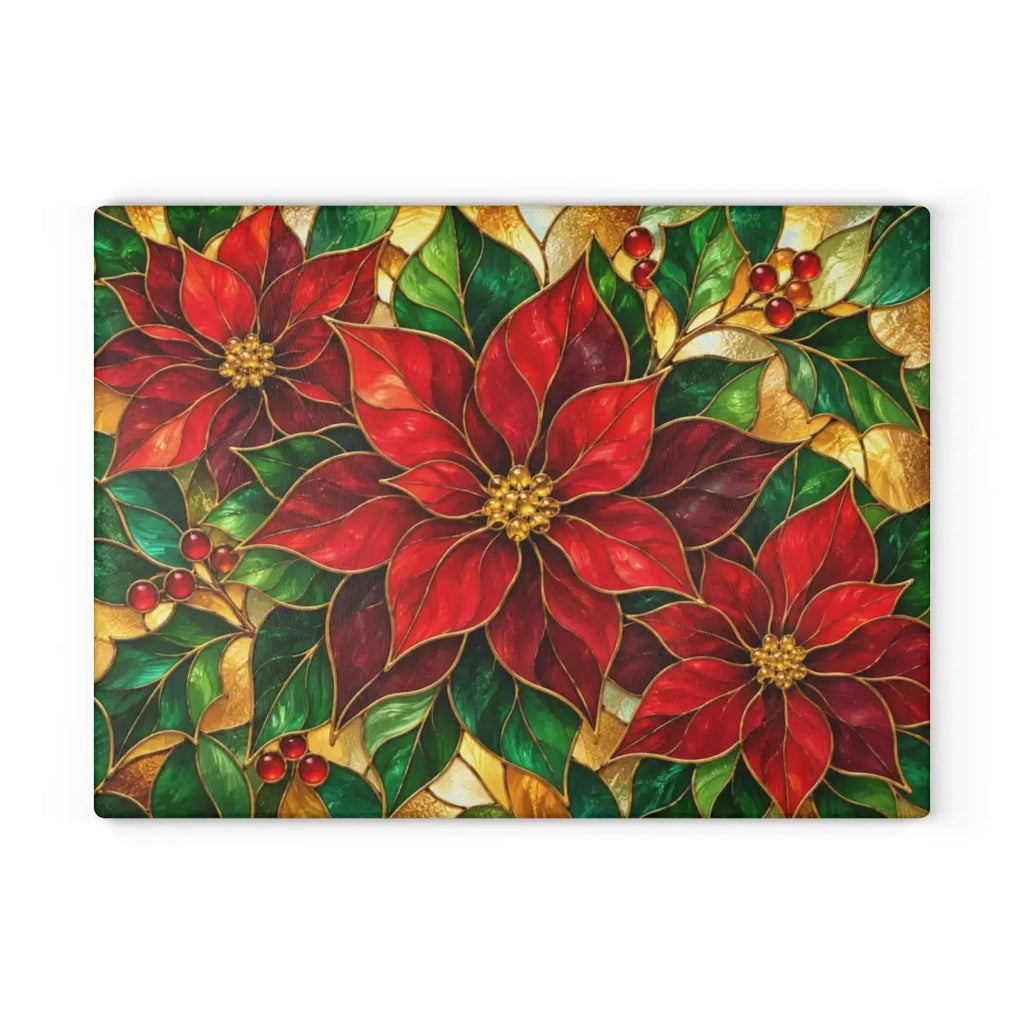 Christmas Poinsettia Glass Cutting Board, Holiday Kitchen Decor, Red Poinsettias and Holly, Festive Chopping Board, Seasonal Gift Idea