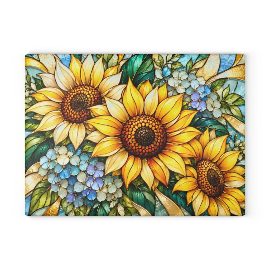 Sunflower Glass Cutting Board, Blue Hydrangea Kitchen Decor, Yellow Floral Cutting Board, Flower Lover Gift, Stained Glass Kitchen Art
