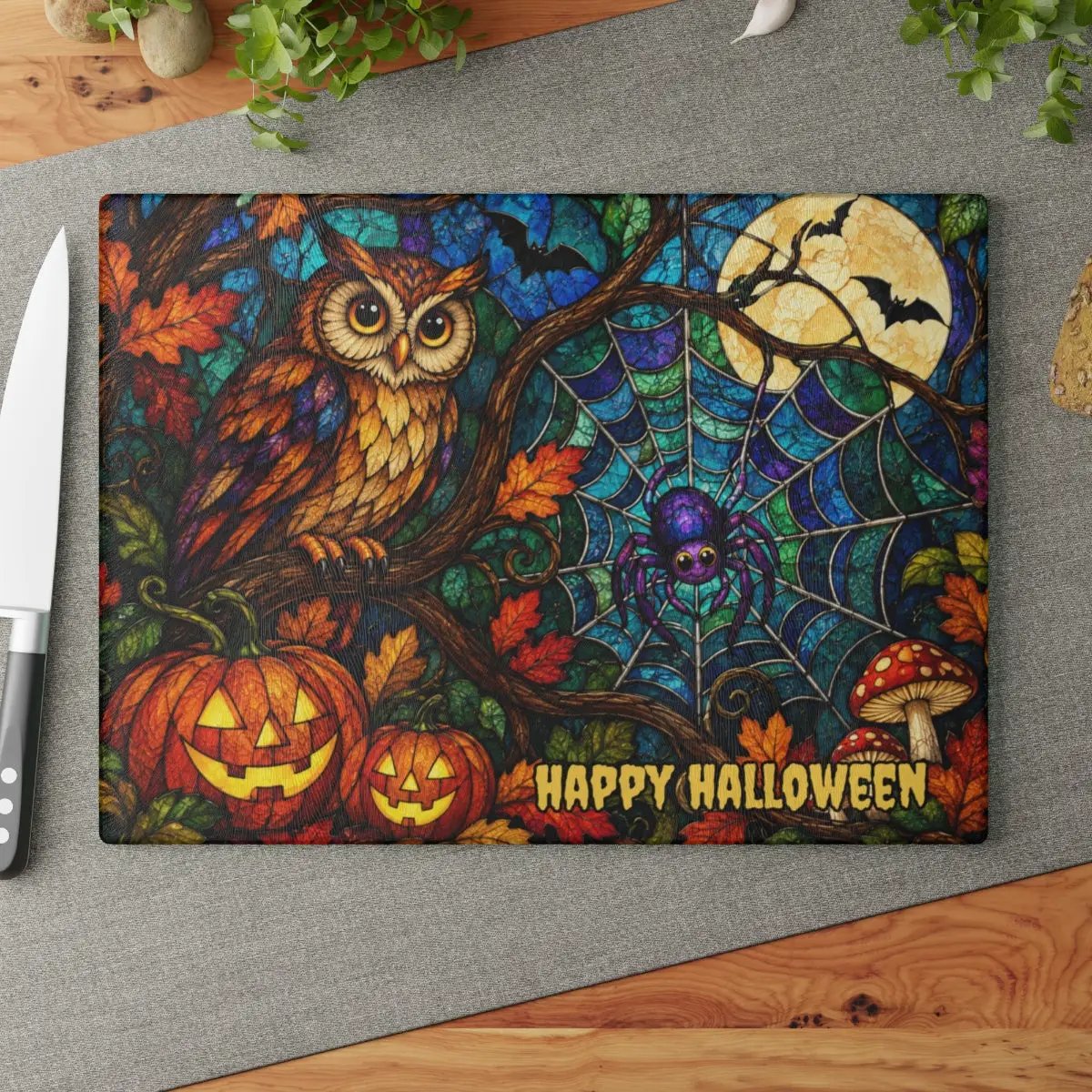 Halloween Owl Personalized Glass Cutting Board, Spooky Spider Kitchen Decor