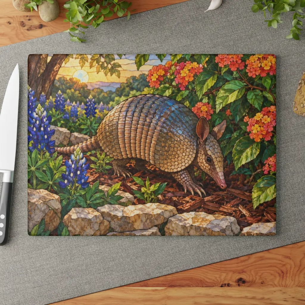 Armadillo Glass Cutting Board, Texas Kitchen Decor, Bluebonnet Armadillo Gift, Stained Glass Style Wildlife Art, Texas Housewarming Gift