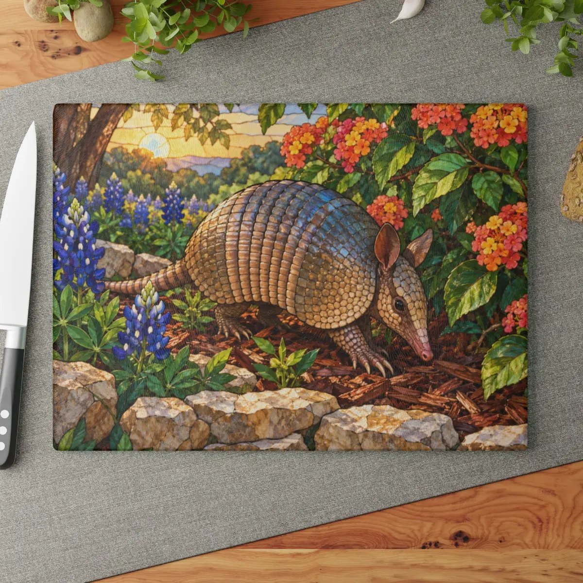 Armadillo Glass Cutting Board, Texas Kitchen Decor, Bluebonnet Armadillo Gift, Stained Glass Style Wildlife Art, Texas Housewarming Gift