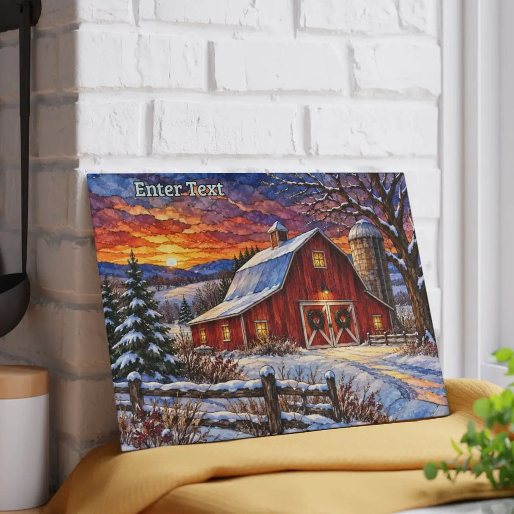 Winter Red Barn Glass Cutting Board, Country Christmas Kitchen Decor, Farmhouse Cutting Board, Rustic Winter Barn Gift