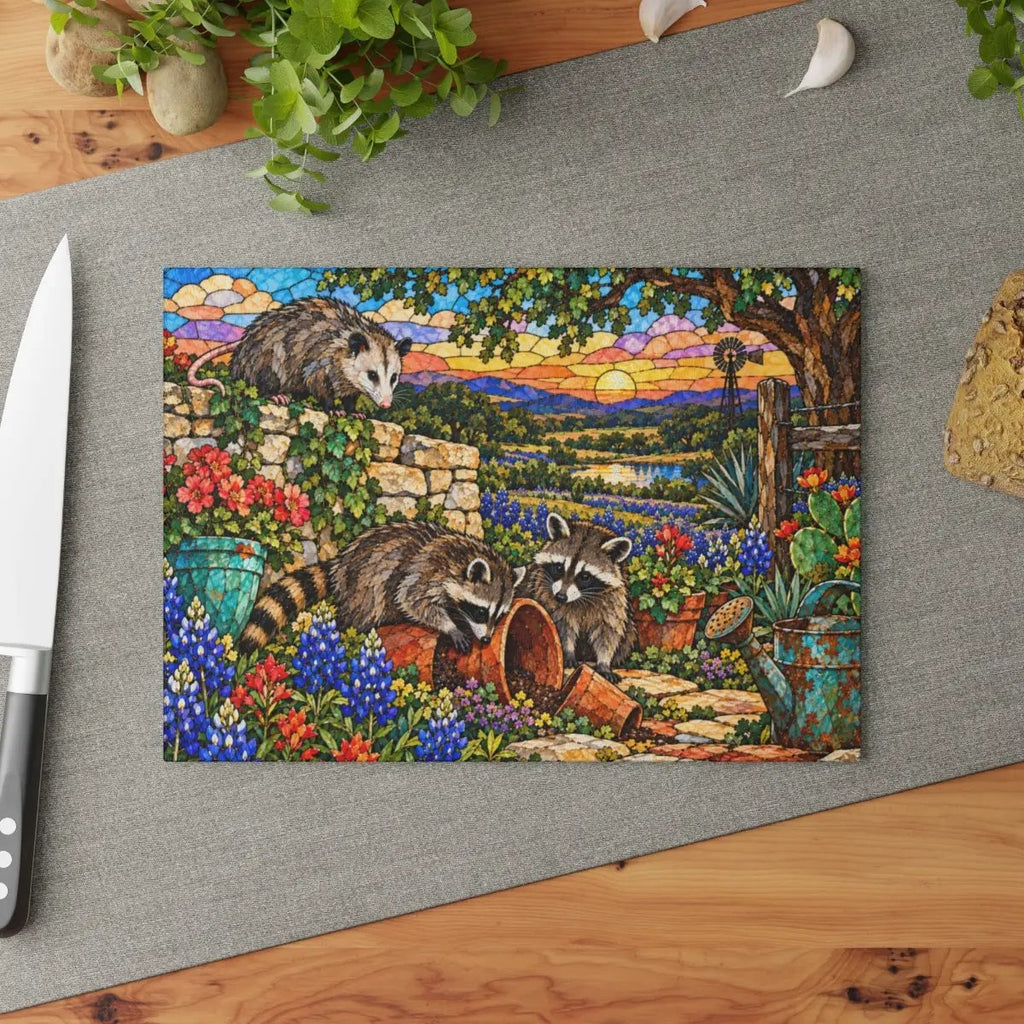 Mischief Opossum Glass Cutting Board, Texas Wildlife Kitchen Decor, Bluebonnet Possum Art, Funny Country Kitchen Gift, Texas Gift