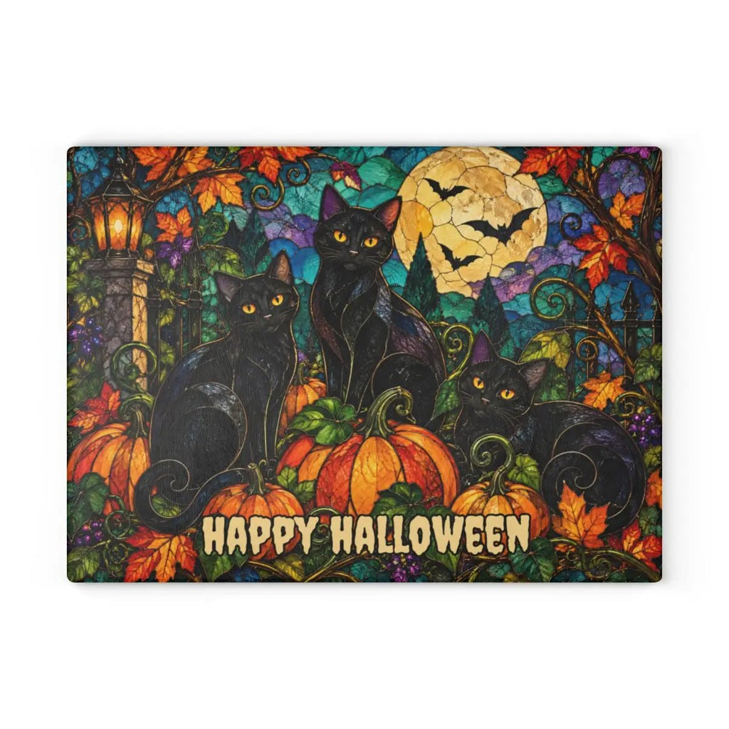 Halloween Black Cats Personalized Glass Cutting Board, Spooky Pumpkin Kitchen Decor