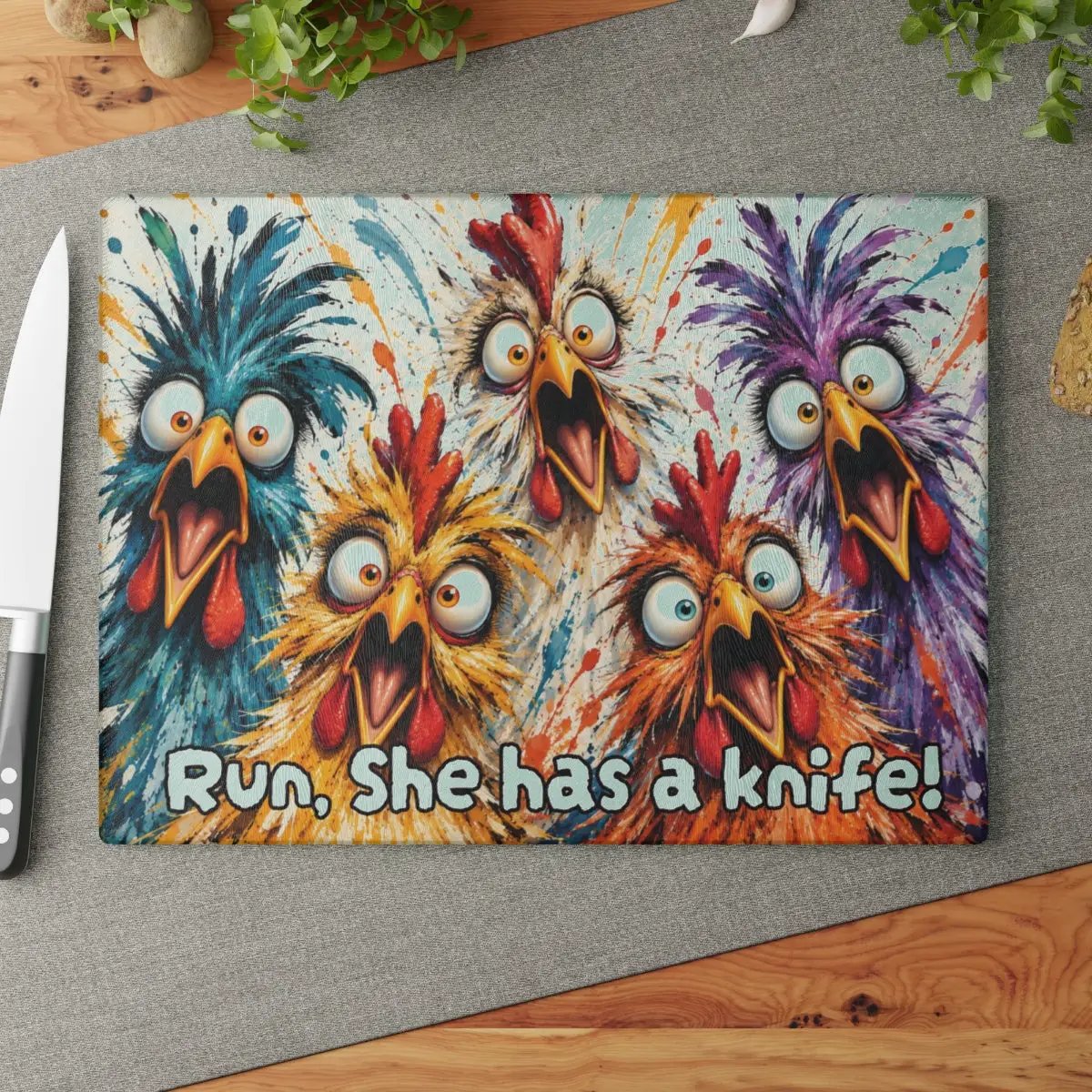 Screaming Chicken Flock Cutting Board, Funny Chicken Kitchen Decor, Colorful Hen Lover Gift, Farmhouse Chicken Gift