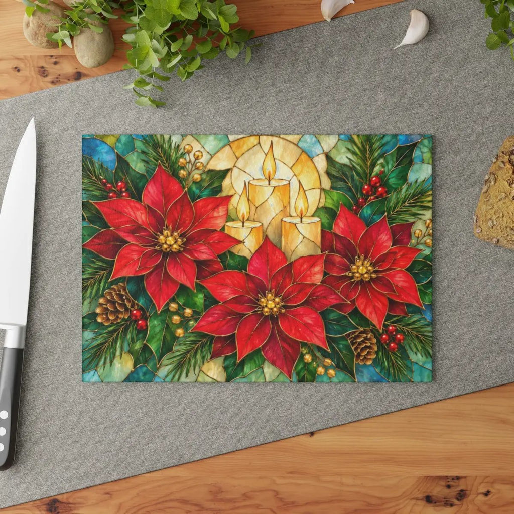 Christmas Poinsettia Glass Cutting Board, Holiday Candle Kitchen Decor, Tempered Chopping Board, Festive Winter Kitchen Gift Idea