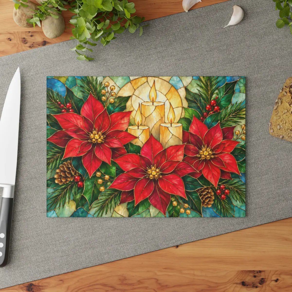 Christmas Poinsettia Glass Cutting Board, Holiday Candle Kitchen Decor, Tempered Chopping Board, Festive Winter Kitchen Gift Idea