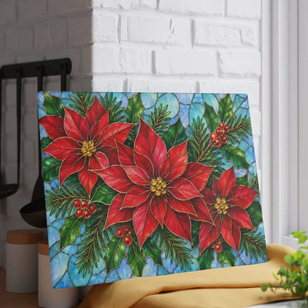 Christmas Poinsettia Glass Cutting Board, Evergreen Holiday Kitchen Decor, Red Floral Serving Board, Festive Winter Cooking Gift Idea